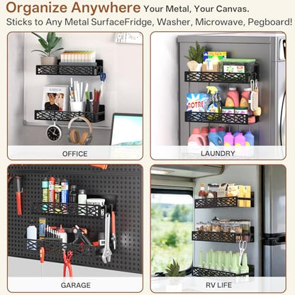 Magnetic Washing Machine Side Storage Rack Shelves 4-Pack, Heavy Duty Metal Narrow Shelf with Hooks, Slim Laundry Room Organizer for Washer Dryer Gap, Space Saving Magnetic Storage for Laundry Kitchen
