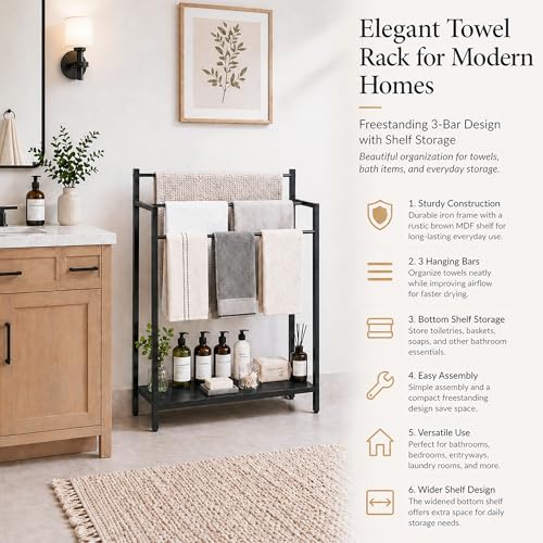 24.8" W Freestanding Towel Rack with Black Wood Shelf | 3 Tier Blanket Ladder Stand for Bathroom Living Room, Metal Frame - color: Black, size: 31.5" H x 24.8" W x7.9 D