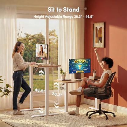 Cubiker Standing Desk, 32" Small Sit Stand Home Office Desk, Electric Stand up Desk, Adjustable Desk with Splice Board, White Frame/Maple Top - color: Maple, size: 32x19