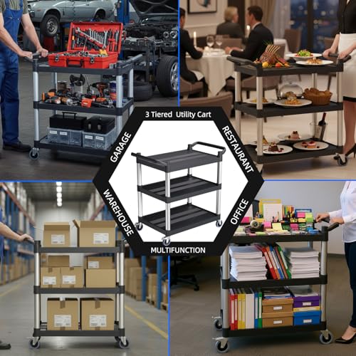 Plastic Utility Carts with Wheels, 3-Tier Rolling Cart, Restaurant Cart | 300 lbs Heavy Duty Capacity with 4 inch Silent Casters(2 Lockable), for Home, Office, Restaurant, Warehouse.31.5"× 16" × 38" - size: 31.5"×16"×38" S