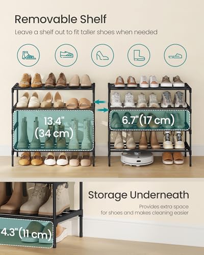 SONGMICS 4-Tier Shoe Rack for Closet, Compact Metal Shoe Organizer Shelf for Entryway, Bedroom, Small Spaces, Stackable, 11.8 x 24.5 x 26 Inches,Black ULSA124BH01 - size: 4 Tiers (24.5"W)
