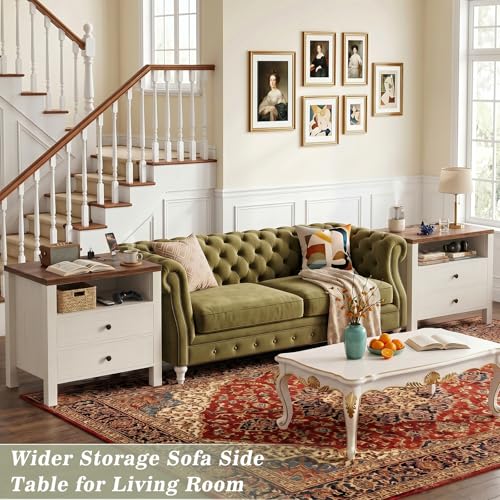 Aheaplus Nightstand with Charging Station, 23.6'' Large Bed Side Table with Wooden 2 Drawers, Night Stand for Bedroom, End Table with Open Storage Shelf for Living Room, Set of 2, White & Brown - color: White & Brown