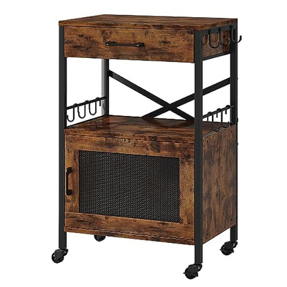 Homeiju Kitchen Island Cart, Kitchen Storage Cart with Drawer, Microwaves Stand, Coffee Cart, Rolling Kitchen Cabinet Cart with Hooks for Kitchen, Dining Room - color: Black and Brown