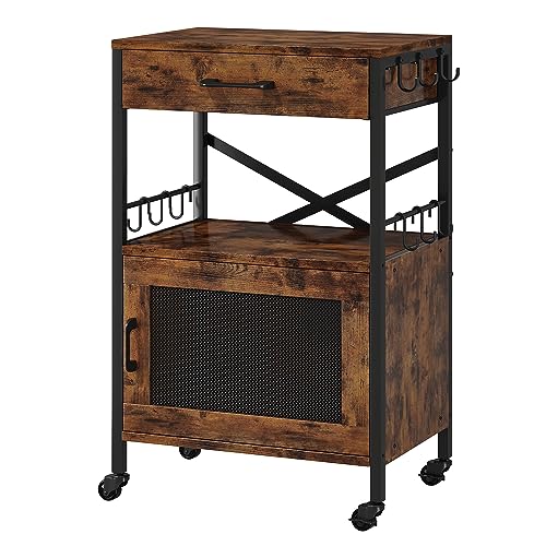 Homeiju Kitchen Island Cart, Kitchen Storage Cart with Drawer, Microwaves Stand, Coffee Cart, Rolling Kitchen Cabinet Cart with Hooks for Kitchen, Dining Room - color: Black and Brown