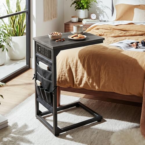 AMHANCIBLE C Shaped End Table with Charging Station, Couch Side Tables that Slide Under Sofa with Storage Bag, Slim TV Tray with USB Ports for Living Room, Bedroom, Dark Grey HET04CDG - color: Dark Grey