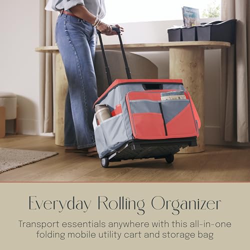 Folding Mobile Utility Cart, Canvas Organizer Bag, Red/Grey | Durable plastic, 30 compartments, adjustable handle, 40 lb capacity, collapses to 3" thick, rolling wheels for easy transport - color: Red/Grey