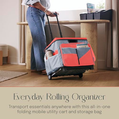 Folding Mobile Utility Cart, Canvas Organizer Bag, Red/Grey | Durable plastic, 30 compartments, adjustable handle, 40 lb capacity, collapses to 3" thick, rolling wheels for easy transport - color: Red/Grey