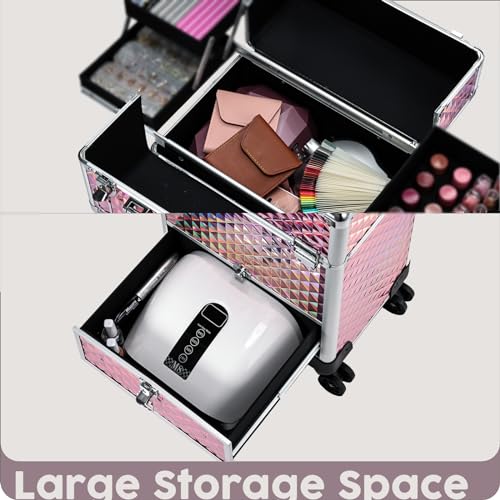 Rolling Makeup Case with Drawer Cosmetology Case on Wheels Makeup Trolley Sliding Drawer Makeup Travel Case for Esthetician, Mobile Stylist, Manicurist Barber Case Traveling Cart Trunk Glitter Pink - color: Pink
