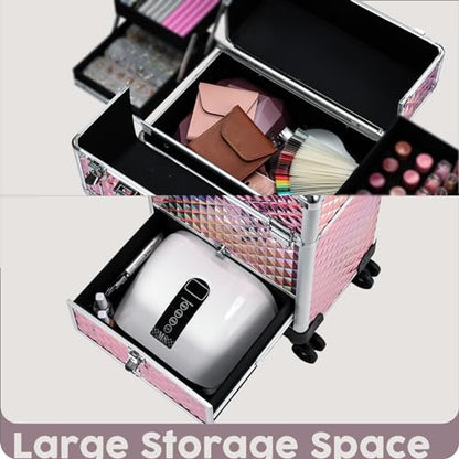 Rolling Makeup Case with Drawer Cosmetology Case on Wheels Makeup Trolley Sliding Drawer Makeup Travel Case for Esthetician, Mobile Stylist, Manicurist Barber Case Traveling Cart Trunk Glitter Pink - color: Pink