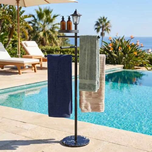 Pool Towel Rack Outdoor with Solar Light, 64" Heavy Duty Pool Towel Holder with Weighted Marble Base, 3-Tier Freestanding Outdoor Towel Rack with Storage Tray for Pool, Hot Tub, Backyard