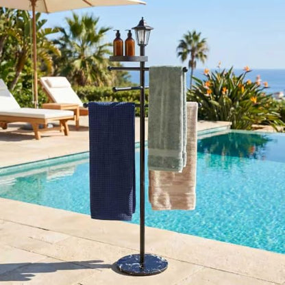 Pool Towel Rack Outdoor with Solar Light, 64" Heavy Duty Pool Towel Holder with Weighted Marble Base, 3-Tier Freestanding Outdoor Towel Rack with Storage Tray for Pool, Hot Tub, Backyard