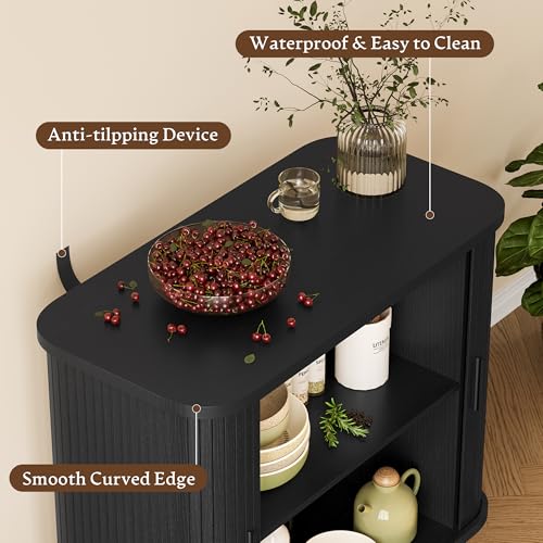 Sideboard Buffet Cabinet with Sliding Door, 31.5" Wide Fluted Modern Accent Storage Cabinet with Adjustable Shelves, Wood Coffee Bar Buffet Console Table for Kitchen, Dining Room, Living Room, Black - color: Black