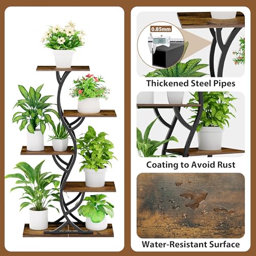 Plant Stand Indoor with Grow Lights - 5 Tiered Corner Plant Shelves (Brown) | 44" Tall Metal Plant Shelf, S-Shape Lighted Flower Holder Dispaly Rack for Living Room, Home, Patio, Balcony