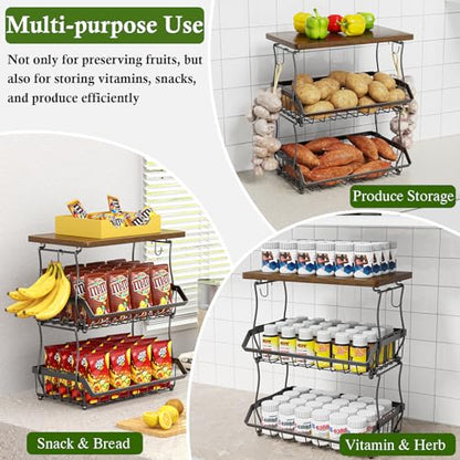 OKZEST 3-Tier Fruit Basket Fits Between Countertop & Upper Cabinet, 16.8" H | Includes wood top & banana hangers, Stackable kitchen countertop organizer, Holds potato, onion, bread, snack, fruit, veggie - size: 3-Tier (With wood top)