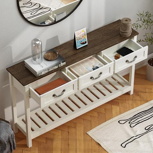 ChooChoo Farmhouse Console Table with 3 Drawers, Rustic Entryway Table, Narrow Long Sofa Table for Living Room, Hallway, Behind Couch, Soft White and Brown - color: Soft White and Brown, size: 11.81"D x 53.1"W x 31.3"H