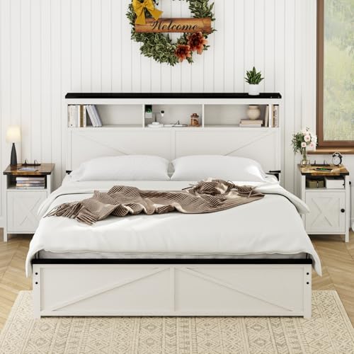 Fameill Farmhouse End Tables Set of 2, Modern White | Nightstands with Charging Station, Bedside Tables with Barn Door and Open Compartment, Rustic Living Room Side Table