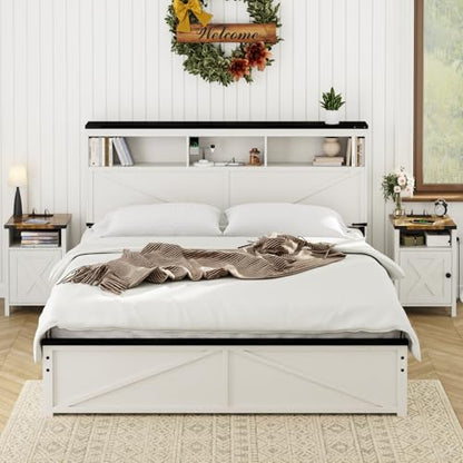 Fameill Farmhouse End Tables Set of 2, Modern White | Nightstands with Charging Station, Bedside Tables with Barn Door and Open Compartment, Rustic Living Room Side Table