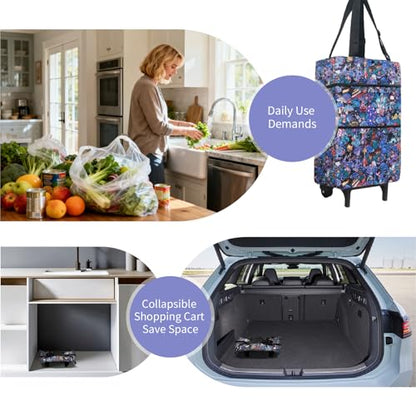Folding Shopping Bag with Wheels, Small Rolling Folding Grocery Cart on Wheels, Collapsible Wheeled Portable Rolling Tote Bag for Groceries Shopping Cart