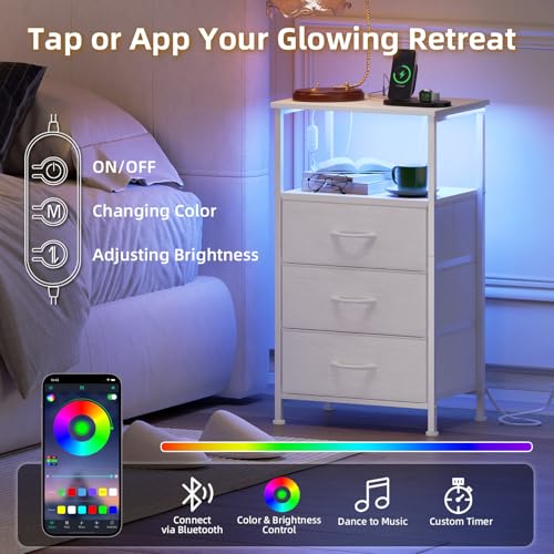 Somdot Nightstands Set of 2 with 3 Drawers, Charging Station & LED Light | Open-Shelf End Tables for Bedside, Small Spaces, Bedroom, Entryway and Hallway, White - color: White, size: 11.8"D x 15.7"W x 28.3"H (3 Drawers)