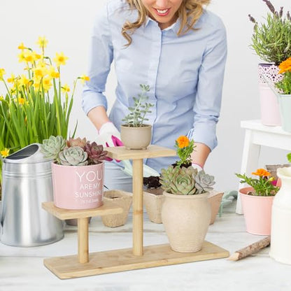 Desktop Plant Stand Indoor Bamboo Mini 3 Tiered Windowsill Shelf Desk Tabletop Shelf Holder Desk Organizer Display Rack for Outdoor Garden Balcony Patio