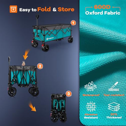 Originsure 300L Foldable Beach Wagon Cart with Big Wheels,560lbs,Turquoise | 48" Folding Utility Wagon,7" All-Terrain Wheels,Heavy Duty Frame,Compact&Space-Saving,for Camping,Sports,Grocery,Garden - color: Grey&turquoise