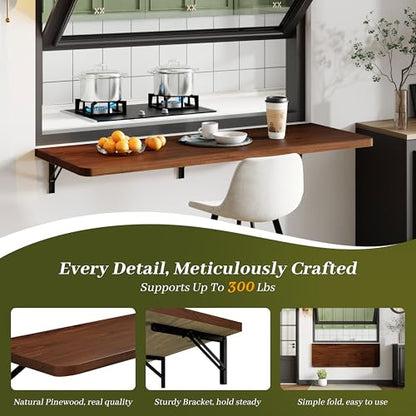 Dogsky 48" x 16" Floating Wall Desk, Fold Down Wall Table - 300 lbs Heavy Duty Solid Pine Wall Mount Folding Desk for Home Office, Laundry Room, Kitchen & Small Apartment, Walnut - color: Walnut, size: 48'' x 15.7'' x 8.3''