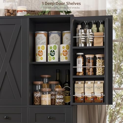 HOSTACK 67"H Farmhouse Kitchen Pantry Storage Cabinet with 3 Drawers, Black | Large Food Pantry Cabinet with Swing-Out Door Rack & Adjustable Shelf for Kitchen, Dining room, Living room - color: Black
