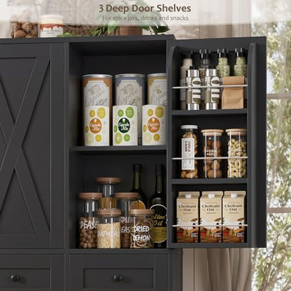 HOSTACK 67"H Farmhouse Kitchen Pantry Storage Cabinet with 3 Drawers, Black | Large Food Pantry Cabinet with Swing-Out Door Rack & Adjustable Shelf for Kitchen, Dining room, Living room - color: Black