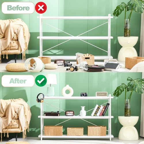 HCHQHS Bookshelf, 3-Tier Long Industrial Bookcase, White Open Book Shelf, Freestanding Horizontal Bookshelves with Metal Frame - color: Cloud White, size: 3-Tier (56.7"W x 35.8"H)