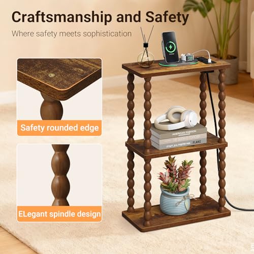 ELYKEN Narrow Side Table with Charging Station, 3-Tier Skinny Bedside Table | Small End Tables Living Room with USB Port and Outlet, Nightstands with Storage Shelf for Bedroom - color: Rustic Brown