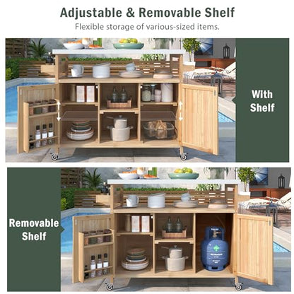 Merax 50" Outdoor Kitchen Grill Cart Island on Wheels with Stainless Steel Top,Farmhouse Style Solid Wood Frame Storage Cabinet for Patio - color: Natural