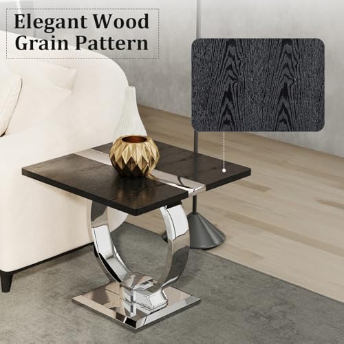 Asday Black End Table, Modern Wood Side Table, Silver End Table with U-Shaped Stainless Steel Base - color: Black and Silver, size: Set of 1