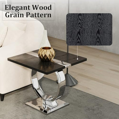 Asday Black End Table, Modern Wood Side Table, Silver End Table with U-Shaped Stainless Steel Base - color: Black and Silver, size: Set of 1