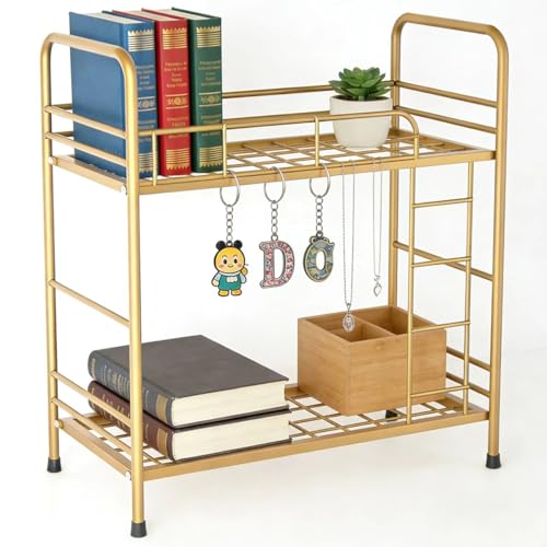 Desktop Shelf Organizer, 2 Tier k Organizer Storage Rack and Frees Up The Space of The Desk, Small Metal Bookshelf with Bunk Bed Design for Dormitory, Home, Office