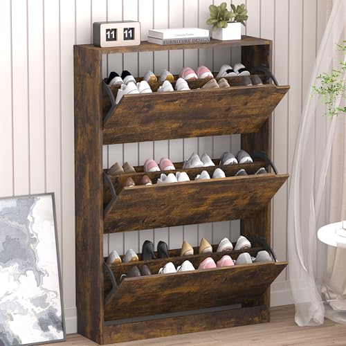 BORNOON Shoe Cabinet with 3 Flip Drawers, Hidden Wood Shoe Cabinet,Freestanding Shoe Storage Cabinet for Entryway Hallway - color: Brown, size: 3 Drawers