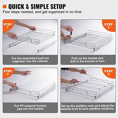 VEVOR 15.5" Wx21 Dx3.5 H Pull Out Cabinet Organizer, Heavy Duty Slide Out Pantry Shelves, Chrome-Plated Steel Roll Out Drawers, Storage for Home Under Sink, 17" Wx22 Dx7 H Install Size for Cabinet - size: 15.5"Wx21"D