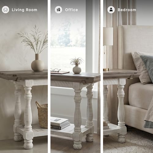 Signature Design by Ashley Havalance Farmhouse Sofa Table, Flip Top Design for Additional Dining Space and Fixed Lower Shelf, Gray & White with Weathered Finish - color: Gray/White, style: Sofa Table