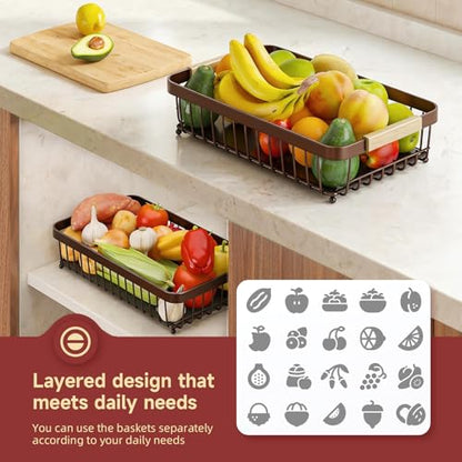 Sevenblue 2-Tier Fruit Basket with Banana Hangers, Detachable Metal Bowl | Wooden handle, protective mats included. Versatile holder for bread, snacks, and veggies. Large 2 tier metal design. - color: Brown, size: 2 Tier