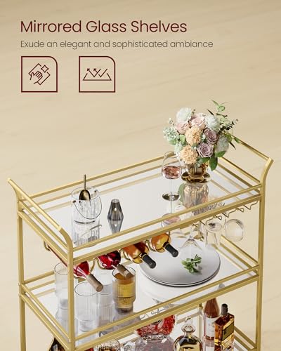 VASAGLE Bar Cart Gold, Large Home Bar Serving Cart with 3-Tier Mirrored Shelf, Wine Holders, Glass Holders, Kitchen, 15 x 33.9 x 35.4 Inches, Gold ULRC083A02 - color: Gold, size: 15"D x 33.9"W x 35.4"H