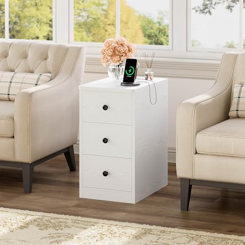 LIKIMIO Nightstand with Charging Station, 3 Drawers Modern for Bedroom - color: White