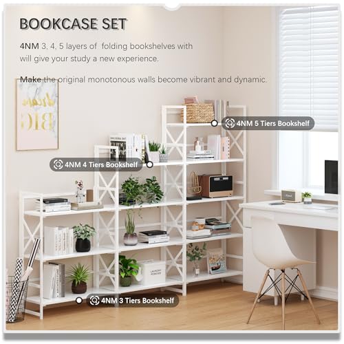 4NM 5 Tiers No Assembly Book Shelves, 51.2" H Folding Bookshelf Bookcase Open Industrial Foldable Shelves for Bedroom, Living Room, Home Office - All White - color: All White, size: XX 5-Tier