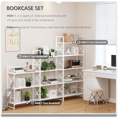 4NM 5 Tiers No Assembly Book Shelves, 51.2" H Folding Bookshelf Bookcase Open Industrial Foldable Shelves for Bedroom, Living Room, Home Office - All White - color: All White, size: XX 5-Tier