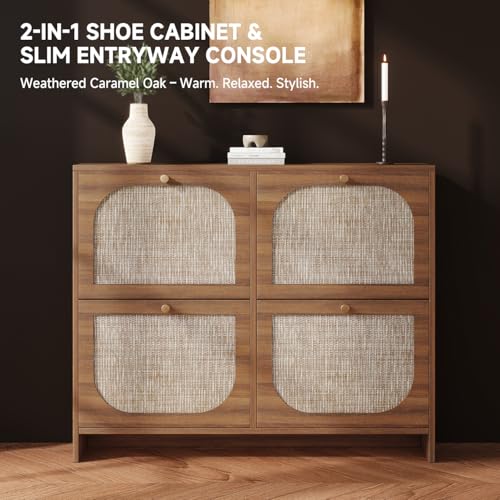 Nicetree Freestanding Ultra Slim Arched Rattan Accent Shoe Storage Cabinet for Entryway - 4 Flip Drawers & 3-Tier Adjustable Shelves, Farmhouse Modern Rustic Shoe Rack for Hallway, Foyer Oak - color: Caramel