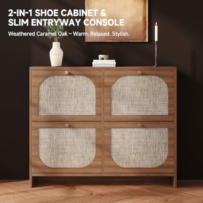 Nicetree Freestanding Ultra Slim Arched Rattan Accent Shoe Storage Cabinet for Entryway - 4 Flip Drawers & 3-Tier Adjustable Shelves, Farmhouse Modern Rustic Shoe Rack for Hallway, Foyer Oak - color: Caramel