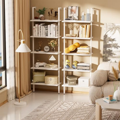 aboxoo Ladder Shelf White Wooden Bookshelf 5-Tier Wall-Mounted Open Wood Rack Industrial Modern Plant Flower Stand Utility Organizer Bookcase Metal Frame Furniture Office Kitchen Bedroom - color: White Wood 5-tier, size: 1PC