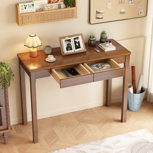 Solid Wooden Desk with Drawers - 39 x 16 Inch Narrow Desks, Rubberwood Mid Century Modern Desks, Small Writing Desk for Bedroom|Small Spaces - Walnut Color - color: Walnut, size: 39.4 in W x 15.7 in D