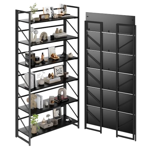 JSB 6 Tier No Assembly Folding Bookshelf, 30.7" Wide Foldable Storage Bookcase for Home Office, Space-Saving Storage Shelf for Living Room (Black) - color: Black, size: Wide Flat Tube 6-Tier