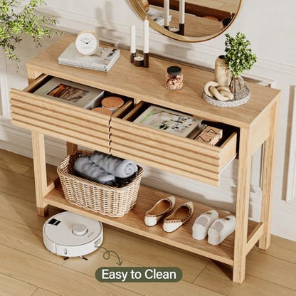 EAG 40" Fluted Console Table with 2 Drawers, Modern Wood 2 Tier Entryway Table with Storage Shelf, Narrow Sofa Tables Behind Couch for Entrance Foyer, Hallway, Living Room, Natural - color: Natural