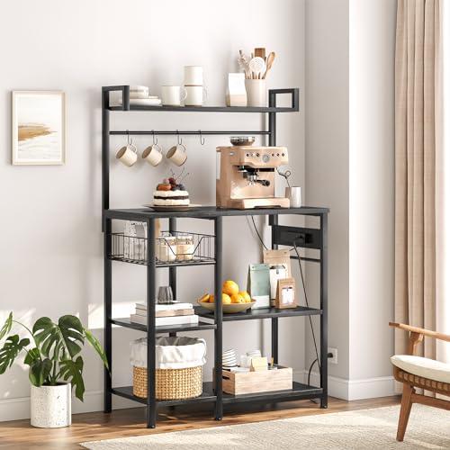 HOOBRO Bakers Rack with Power Outlet, 35.4 Inches Coffee Bar with Mesh Basket, Microwave Stand with 4 S-Shaped Hooks, Kitchen Bakers Rack with Storage, Easy to Assemble, Black BB05HB01 - color: Black