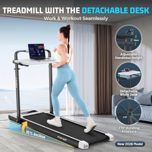 FUNMILY Upgrade Walking Pad Folding Treadmill with 12%/15% Incline & Handle Bar, 3.5HP Foldable Under Desk Compact Treadmills for Home/Office/Gym, 400+lb Capacity, Shock Absorption - color: Moon White